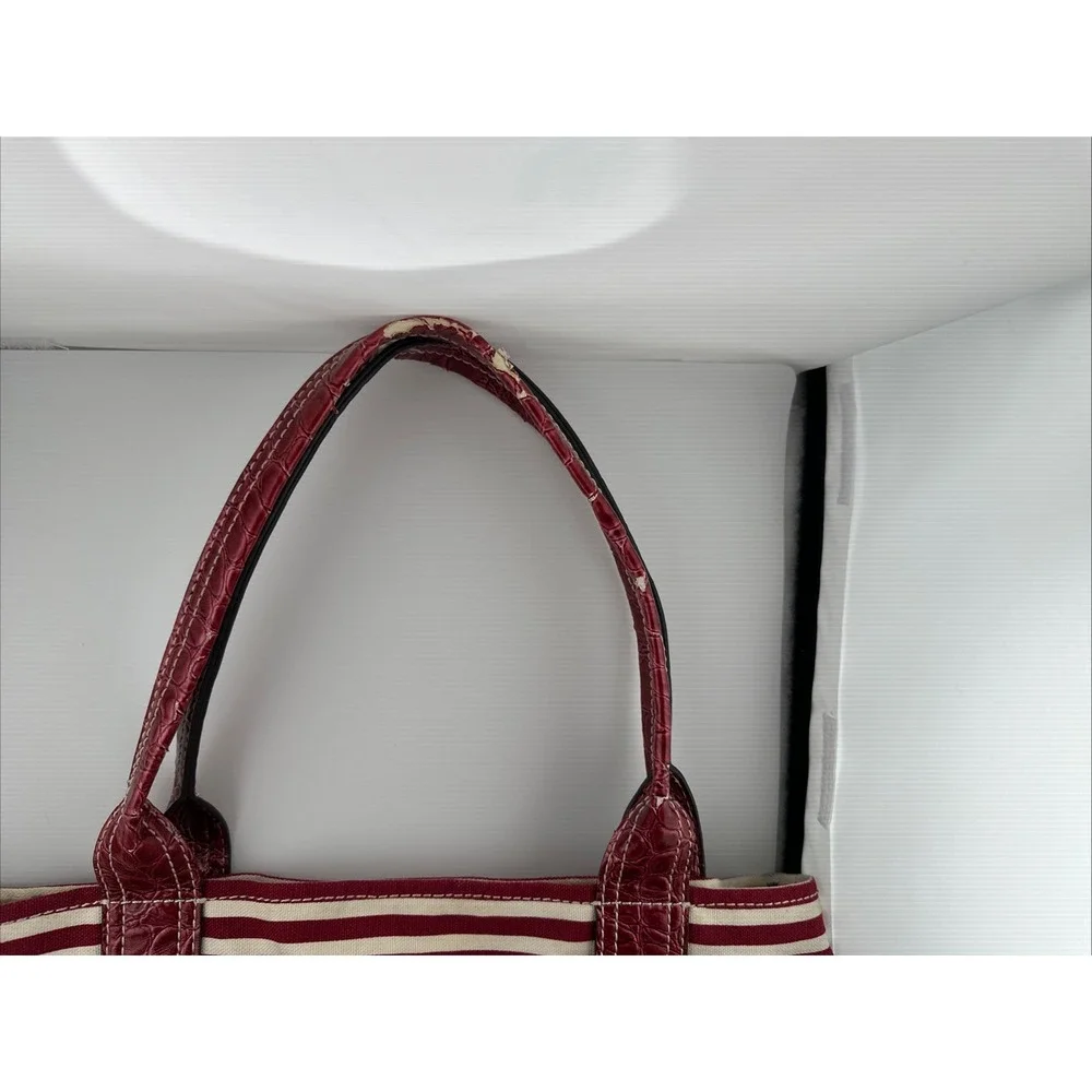Vintage GUESS Satchel Tote Bag Red White Striped Faux Leather Croc Trim Medium
